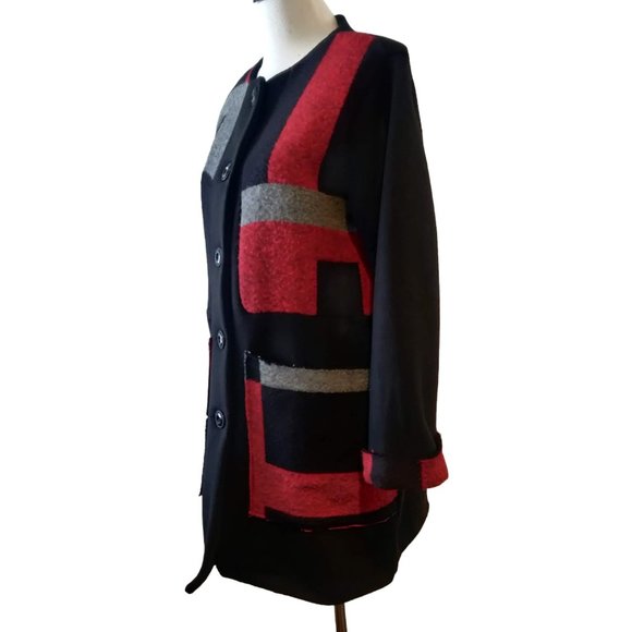 Saga Womens L? Made Italy Black Red Gray Colorblock Button Pockets Coat Jacket - Picture 2 of 10